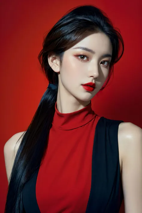 a woman with long black hair and red lipstick posing for a picture