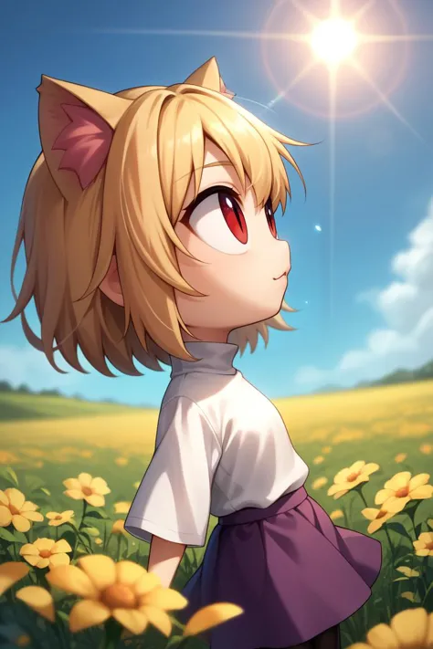 a girl with blonde hair and a cat ears stands in a field of flowers