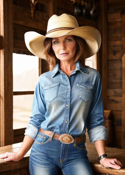 a woman in a cowboy hat and jeans leaning on a wooden bench