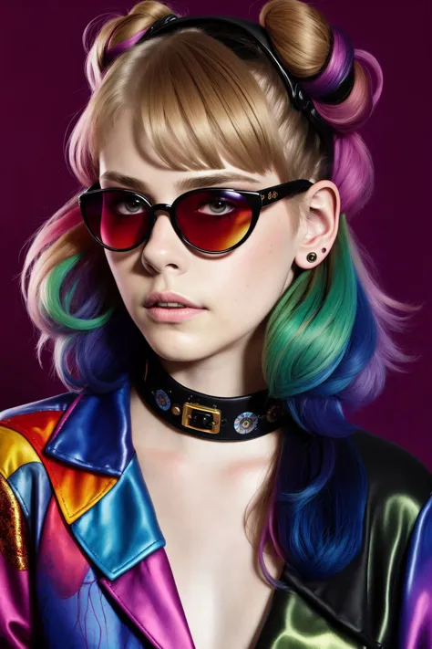 a close up of a woman with colorful hair wearing sunglasses