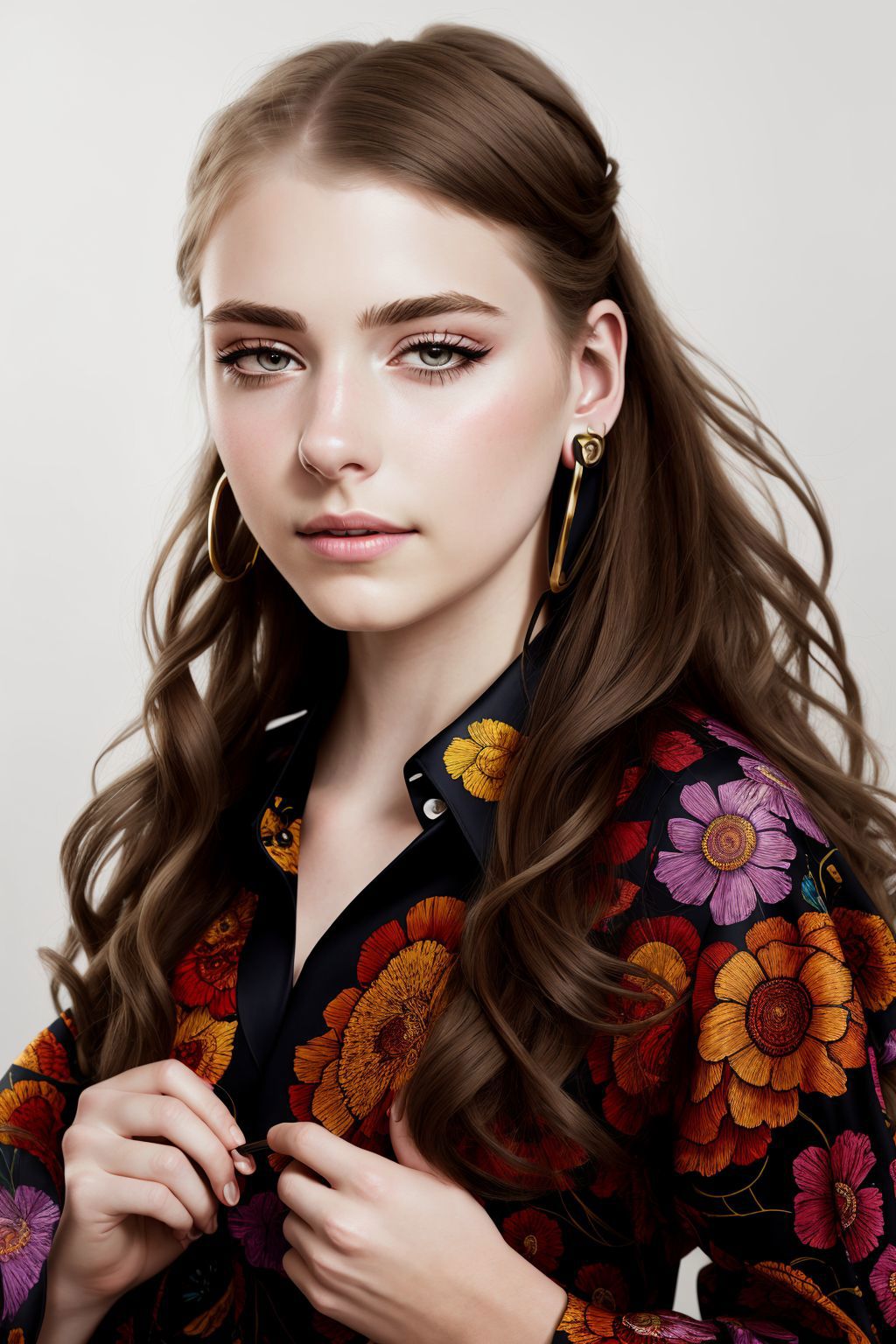 A woman with long brown hair wearing a floral dress - SeaArt AI