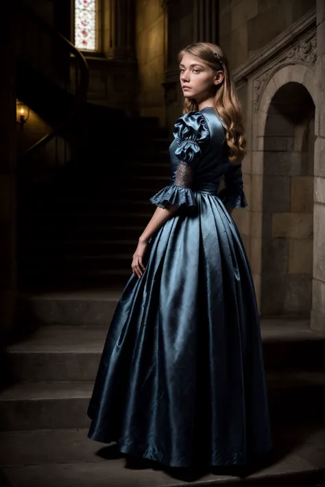 a woman in a blue dress standing on a set of stairs