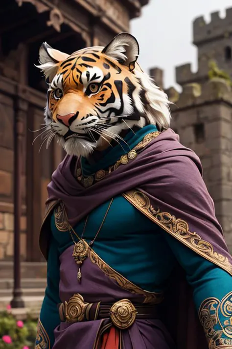 photography, ashuralora tigerhead at india castle,  purple cape, battle field, rim lighting, ornate, detail, flowers, blurry background, soft focus  <lora:ashuralorav01:1>