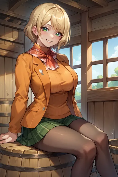 anime girl sitting on barrel with green eyes and blonde hair