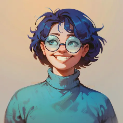 a drawing of a woman with glasses and a turtle neck sweater