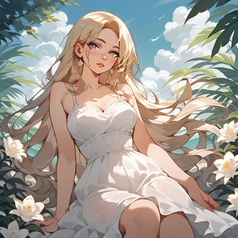 anime girl sitting in a field of flowers with long blonde hair