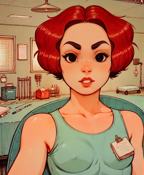 a close up of a cartoon of a woman with red hair