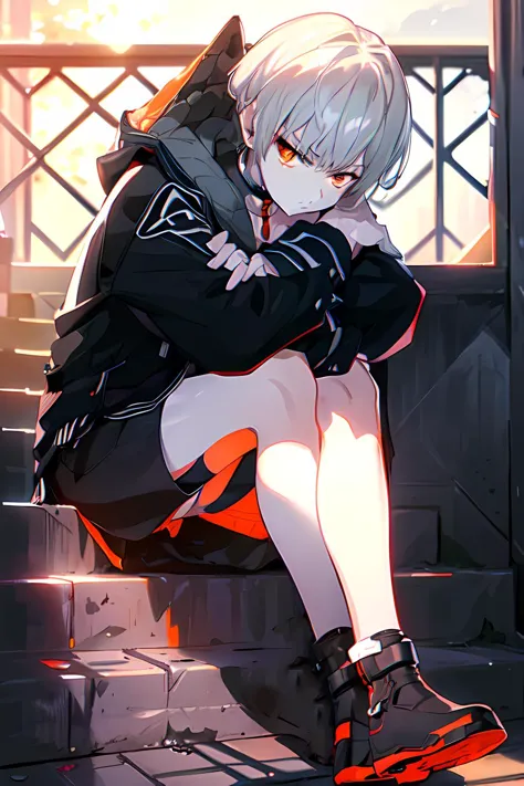 <lora:e7haste-07:.85> e7haste, 1boy, choker, gray hair, hooded jacket, shorts, red collar, (sitting down on stairs, leaning on w...