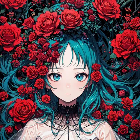 a woman with blue hair and blue eyes surrounded by red roses