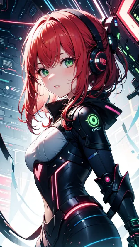 a woman in a futuristic outfit with headphones and a sci - futuristic background