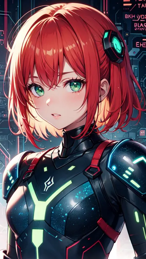 (masterpiece), (best quality), redhead, (((cyber armor))), green eyes, neons