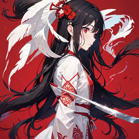 anime girl with long black hair and white wings holding a sword