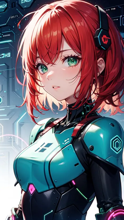 a woman with red hair and headphones standing in front of a futuristic background