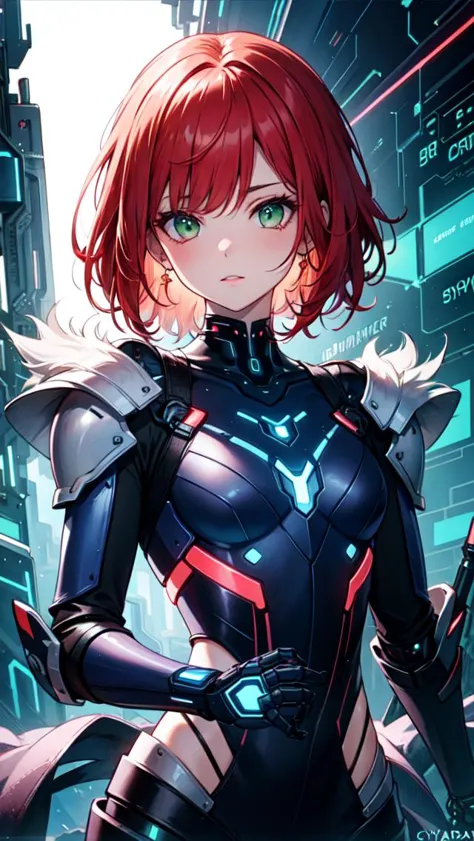 (masterpiece), (best quality), redhead, (((cyber armor))), green eyes, neons