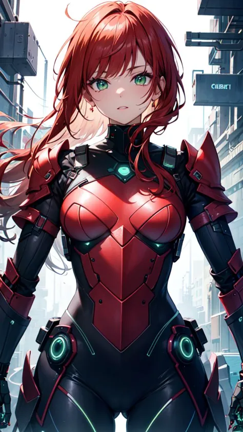 (masterpiece), (best quality), redhead, (((cyber armor))), green eyes, neons