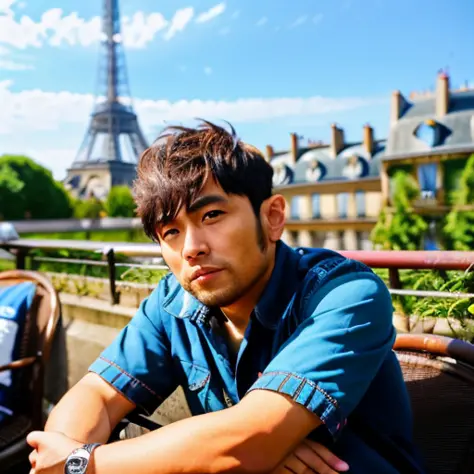 a man, 30 year old, (short hair), black eyes, sitting outside at a Paris caf, eiffel tower in background, intricate details, highly detailed, sharp focus, professional, 4k, spring flowers blooming, highres, detailed facial features, sharp focus, extremely ...