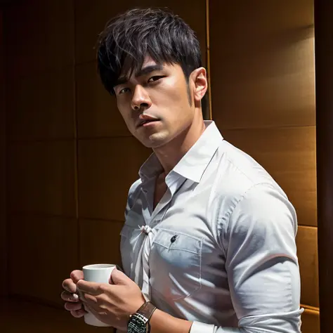 1man, a 30 y.o muscular male wearing long-sleeve white shirt and tie, drinking coffee, soft lighting, masterpiece, best quality,...