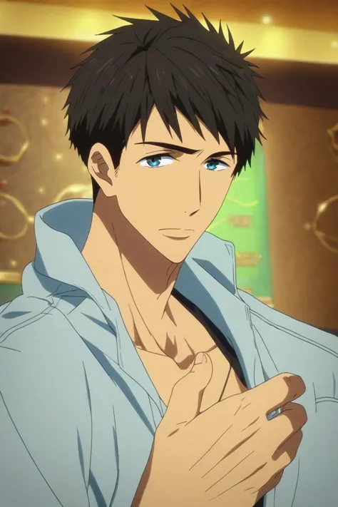 score_9, score_8_up, score_7_up, source_anime, rating_safe, , anime screencap, , official style, looking at viewer, , 1boy, solo, male focus, <lora:sousuke_yamazaki_pony:0.94>, sousuke_yamazaki, black hair, blue eyes, short hair, cowboy shot, las vegas, casino, indoors, the pose, nervous, , <lora:sdxl_lightning_8step_lora:1>