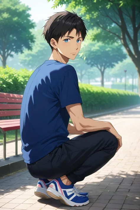 a man sitting on a bench in a park with a blue shirt