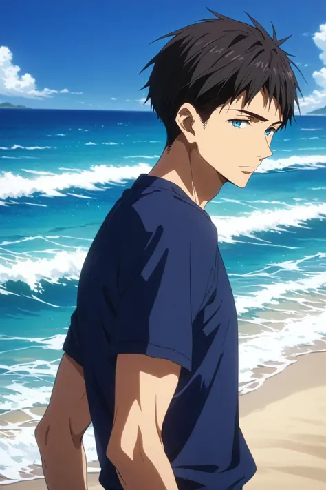 score_9, score_8_up, score_7_up, source_anime, rating_safe, intricate details, , , , 1boy, solo, male focus, <lora:sousuke_yamazaki_pony:0.92>, sousuke_yamazaki, black hair, blue eyes, short hair, rule of thirds, beach, ocean, waves, island, midnight, leaning back, :o, , <lora:sdxl_lightning_8step_lora:1>