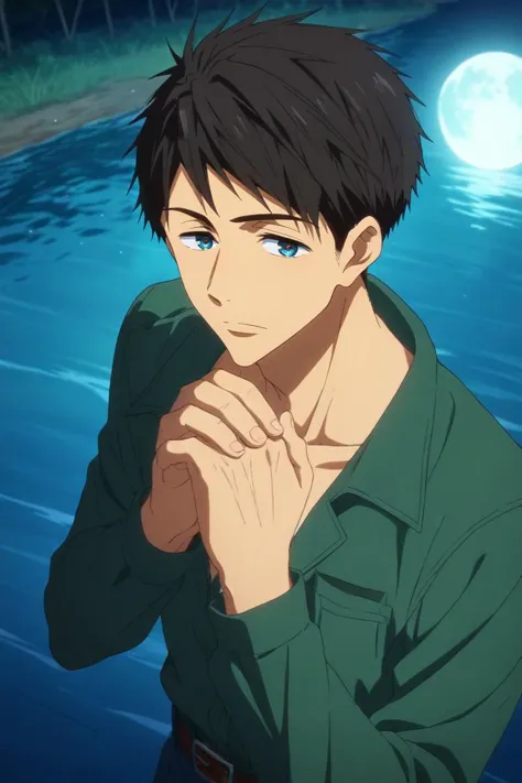 score_9, score_8_up, score_7_up, source_anime, rating_safe, intricate details, anime screencap, , , , , 1boy, solo, male focus, <lora:sousuke_yamazaki_pony:0.94>, sousuke_yamazaki, black hair, blue eyes, short hair, from above, river, night, full moon, own hands together, heart eyes, scarecrow costume, <lora:sdxl_lightning_8step_lora:1>