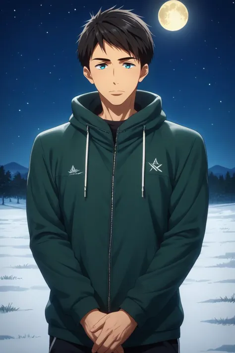 score_9, score_8_up, score_7_up, source_anime, rating_safe, intricate details, (photorealistic:0.6), looking at viewer, , 1boy, solo, male focus, <lora:sousuke_yamazaki_pony:0.92>, sousuke_yamazaki, black hair, blue eyes, short hair, wide angle, wide shot, cowboy shot, snowy field, night, full moon, own hands together, squinting, , <lora:sdxl_lightning_8step_lora:1>