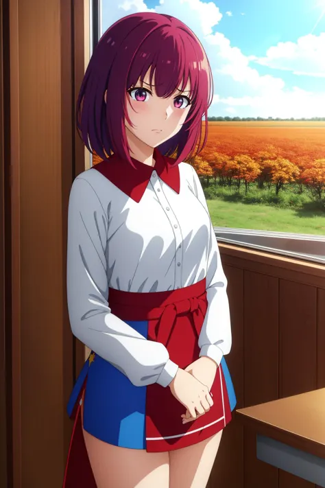 anime girl in uniform standing by window looking out