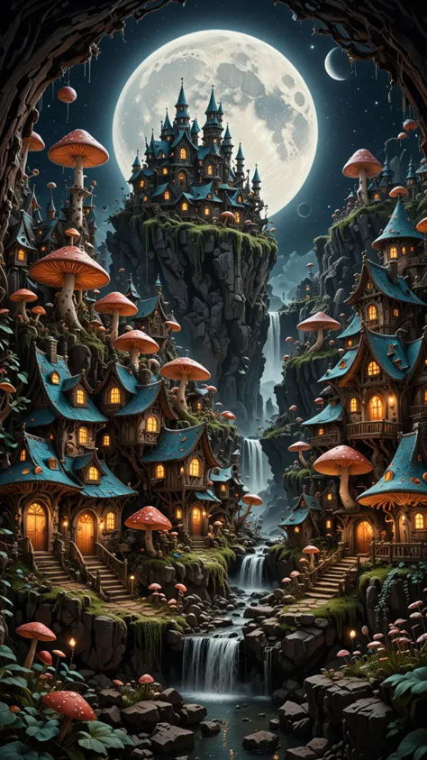 Huge Mushroom Village, houses, at Night, moon, Large waterfall, magnificent, celestial, ethereal, painterly, epic, majestic, magical, fantasy art, cover art, dreamy, insanely detailed and intricate, hyper maximalist, elegant, hyper realistic, super detailed, vivid colours, ornate, dynamic, articulate, 8K, <lora:3D_Framed_Wall_Art_-_By_DICE:0.8>, (Framed 3D), EPIC, high budget Hollywood movie, volumetric, Painstaking Attention To Detail, UHD