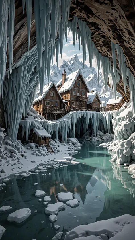 a legendary Ice Village made completely of Ice, Houses, intricate details, masterpiece, best quality, colourful, waterfalls, Lake, Inside Caves, in Day, Epic, Painstaking Attention to Details, EPIC, <lora:3D_Framed_Wall_Art_-_By_DICE:0.4>, (Framed 3D, Ice), UHD