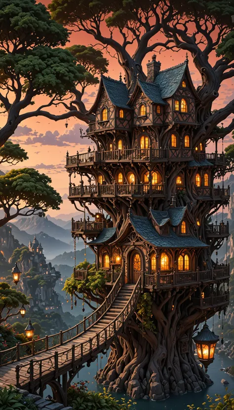 a wonderous and beautiful fantasy world with the Tree House Mansion Village, Bridge, Stars, in the night, insanely detailed and intricate, hyper maximalist, elegant, hyper realistic, super detailed, vivid colours, sunrise, ornate, dynamic, articulate, 8K, <lora:3D_Framed_Wall_Art_-_By_DICE:0.6>, (Framed 3D, 3d Tree), EPIC,  Painstaking Attention To Detail, UHD