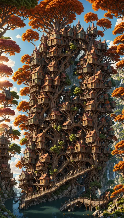 a wonderous and beautiful fantasy world with the Tree House Mansion Village, Multiple Bridges, sun, in the day, insanely detailed and intricate, hyper maximalist, elegant, hyper realistic, super detailed, vivid colours, sunrise, ornate, dynamic, articulate, 8K, <lora:3D_Framed_Wall_Art_-_By_DICE:0.6>, (Framed 3D, 3d Tree), EPIC,  Painstaking Attention To Detail, UHD