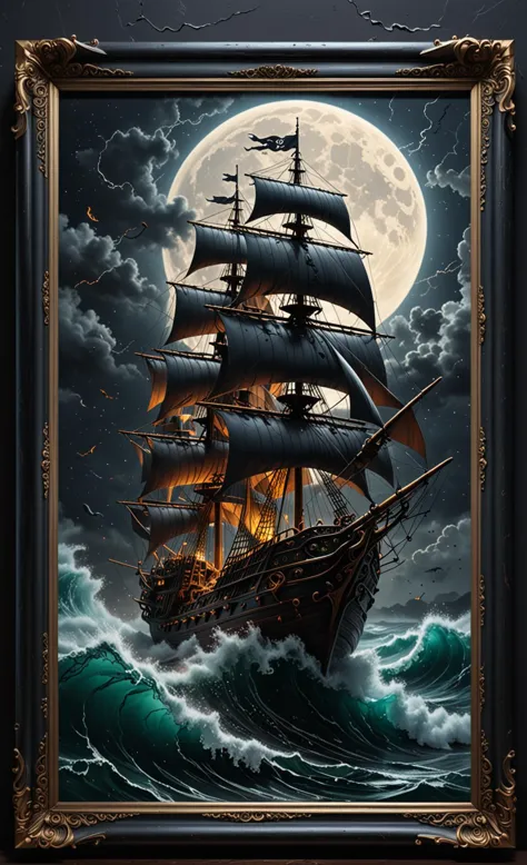 A  glass Frame sculpture, concealed inside the Cube is a large Pirate Ship in a Lightning storm, large waves, (Pirate ship emerges out of the frame), in the dark, detailed image, 8k high quality detailed, the moon, shaped Cube, amazing wallpaper, digital painting highly detailed, 8k UHD detailed oil painting, beautiful art UHD, focus on full glass sphere, bokeh,  background Modifiers: extremely detailed Award winning photography, fantasy studio lighting, photorealistic very attractive beautiful imperial colours ultra detailed 3D, (Very Intricate), UHD, <lora:3D_Framed_Wall_Art_-_By_DICE:1>, (3D Framed, Mega Details)