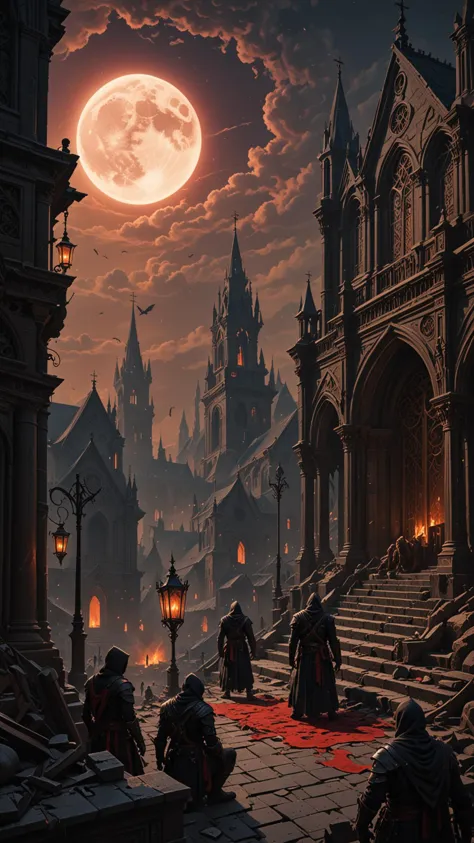 (Horde of Assassins Creed), polarized, at night, Sitting on the roof of ancient Church, looking down on to the burning city, Red Moon, filled with forbidden knowledge, where scholars and sorcerers search for lost spells among the dusty tomes. Ghostly guardians patrol the aisles, ready to protect the secrets within, dark magic and grotesque creatures abound, punk aesthetic, dark fantasy world combines grim landscapes with vibrant, Deep colorful art, heroes skirmish monstrous foes in a setting where rebellion, decay, and mysticism intertwine, crafting a unique, immersive vibe, hyper detailed, professional poster art, bold lines, award winning, trending on ArtStation , (intricate details, masterpiece, best quality), dynamic pose, (Use Dream Diffusion Secret Prompt), <lora:3D_Framed_Wall_Art_-_By_DICE:1>, (Framed 3D), UHD