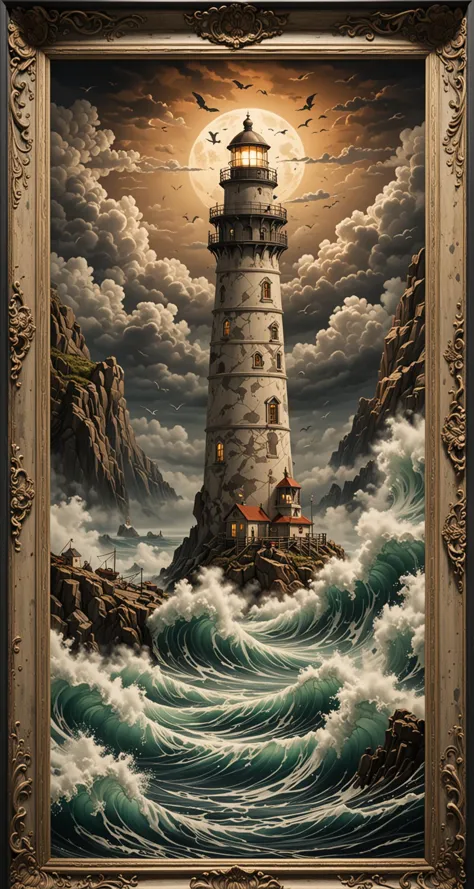 painting of a lighthouse in a storm with a bird flying over it