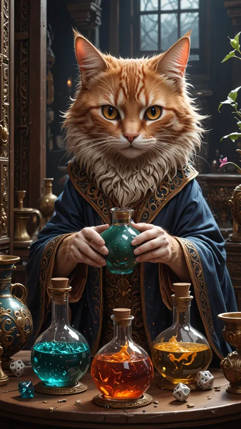 Ethereal fantasy concept art of a Cat Mage brewing potions. Dice, magnificent, celestial, ethereal, painterly, epic, majestic, magical, fantasy art, cover art, dreamy, insanely detailed and intricate, hyper maximalist, elegant, hyper realistic, super detailed, vivid colours, ornate, dynamic, articulate, 8K, <lora:3D_Framed_Wall_Art_-_By_DICE:0.6>, (Framed 3D), EPIC, high budget Hollywood movie, volumetric, Painstaking Attention To Detail, UHD