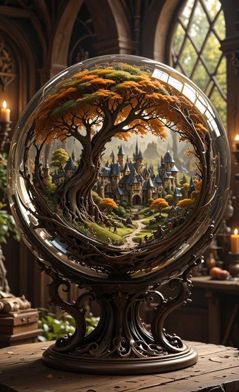 A  glass sphere sculpture, concealed inside the sphere is a Hobbits village, in the day, detailed image, 8k high quality detailed, shaped sphere, amazing wallpaper, digital painting highly detailed, 8k UHD detailed oil painting, beautiful art UHD, focus on full glass sphere, bokeh,  background Modifiers: extremely detailed Award winning photography, fantasy studio lighting, photorealistic very attractive beautiful imperial colours ultra detailed 3D, (Very Intricate), UHD, <lora:3D_Framed_Wall_Art_-_By_DICE:1>, (3D Framed, Mega detail)