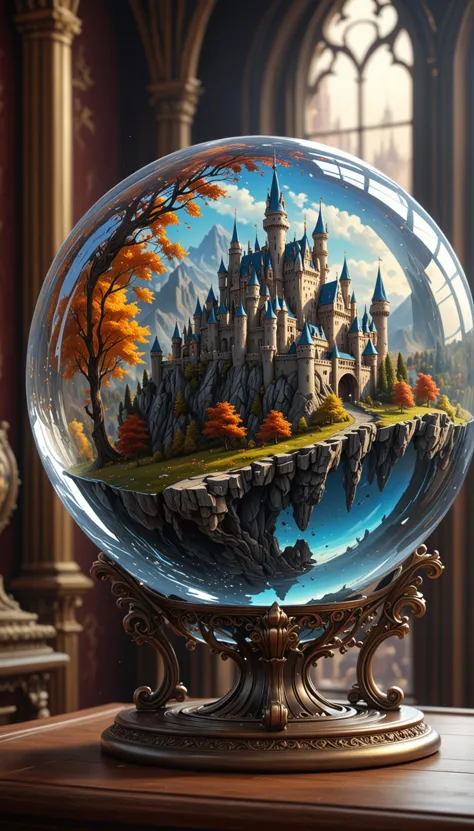 A  glass sphere sculpture, concealed inside the sphere is a Fantasy Castle, in the day, detailed image, 8k high quality detailed, shaped sphere, amazing wallpaper, digital painting highly detailed, 8k UHD detailed oil painting, beautiful art UHD, focus on full glass sphere, bokeh,  background Modifiers: extremely detailed Award winning photography, fantasy studio lighting, photorealistic very attractive beautiful imperial colours ultra detailed 3D, (Very Intricate), UHD, <lora:3D_Framed_Wall_Art_-_By_DICE:0.4>, (3D Framed, Mega detail)