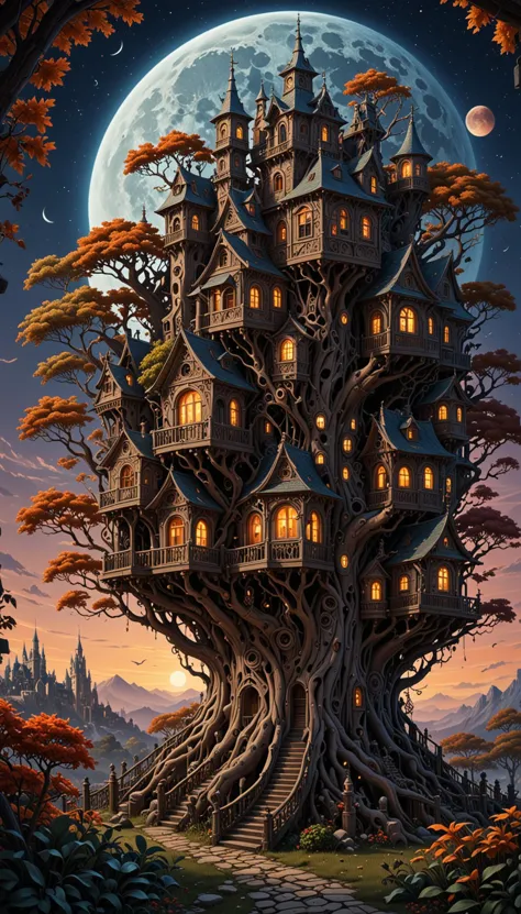 a wonderous and beautiful fantasy world with the Tree House Mansion, Moon, in the night, insanely detailed and intricate, hyper maximalist, elegant, hyper realistic, super detailed, vivid colours, sunrise, ornate, dynamic, articulate, 8K, <lora:3D_Framed_Wall_Art_-_By_DICE:1>, (Framed 3D, 3d Tree), UHD