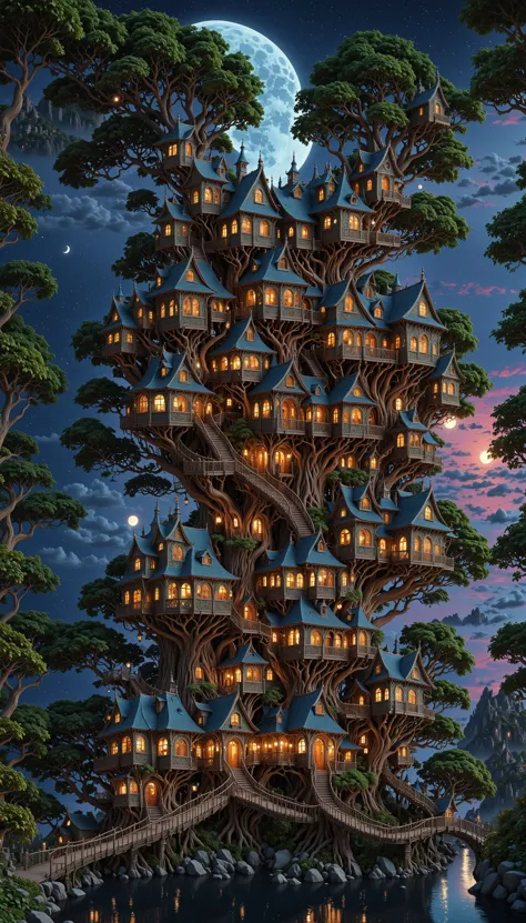 a painting of a tree house with a full moon in the background