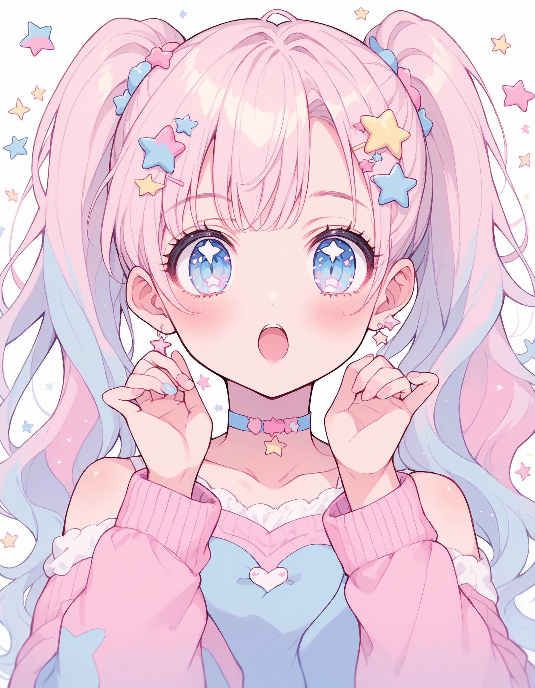neondskdrmsxl, score_9_up, score_8_up, score_7_up, score_6_up, 1girl, solo, pastel colors, open mouth, long hair, star , (symbol), star hair ornament, hair ornament, twintails, looking at viewer, blue eyes, pastel neon lighting, source_anime, neon, neon theme , 