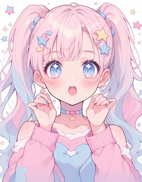 neondskdrmsxl, score_9_up, score_8_up, score_7_up, score_6_up, 1girl, solo, pastel colors, open mouth, long hair, star , (symbol), star hair ornament, hair ornament, twintails, looking at viewer, blue eyes, pastel neon lighting, source_anime, neon, neon theme , <lora:NeonDreamsPonyXL:1>