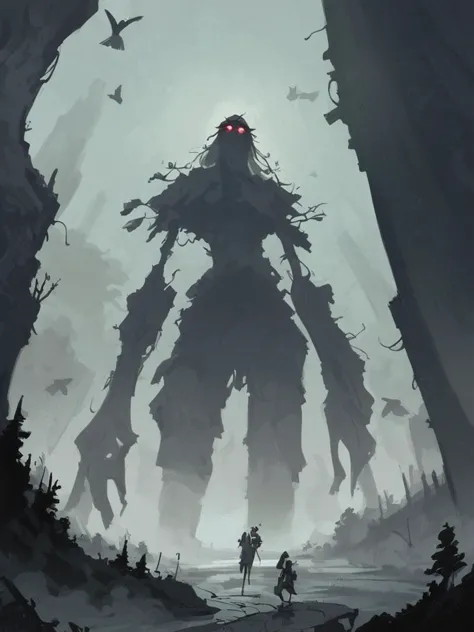 a man and a woman are standing in front of a giant monster