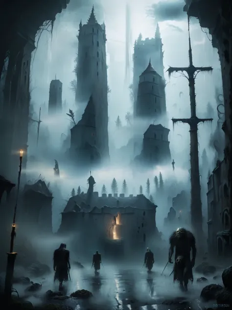 a group of people walking through a dark city with a castle in the background