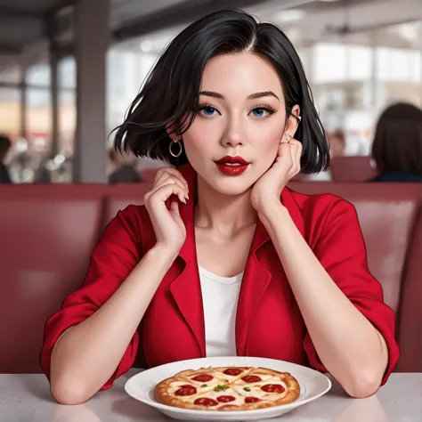 woman sitting at a table with a plate of pizza in front of her