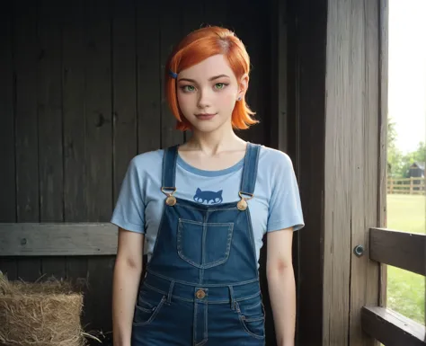 arafed woman with red hair and blue shirt standing in a barn