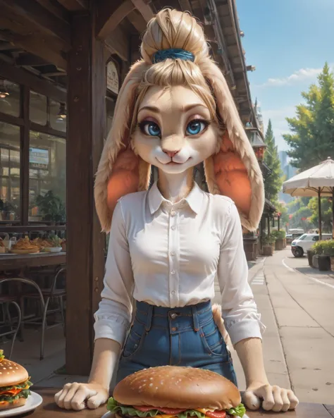 araffe with a bunny ears and a white shirt is standing in front of a burger