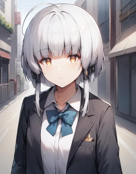 anime girl with white hair and blue bow tie standing in a street