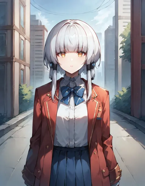 score_9, score_8_up, score_7_up, source_anime,
1girl, solo, looking at viewer, outdoors, city, upper body,
arcana, white hair, gold eyes, blunt bangs, hair tubes, short hair, long locks,
school uniform, blue skirt, white shirt, bowtie, red blazer, long sleeves, walking,
<lora:arcana_anime-soralz-000050:0.9>