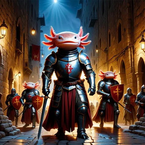 4 xólotl,  ajolotes con armadura de los Caballeros Templarios, marchando en la antigua Jerusalén,  sosteniendo pancartas, cruzada, iluminación bíblica dramática ,  por la noche,   obra maestra , pintura digital de Midjourney,