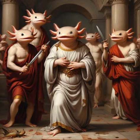 Zip2D <lora:4xoltl:0.7> 4xolotl, axolotl dressed in roman robes look of betrayal clutching stomach, surrounded by axolotls brand...
